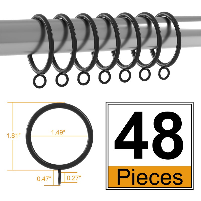 ANJUU 48 Pack Curtain Rings, 1.5 Inch Metal Curtain Drape Sliding Eyelet Rings-Hanging Rings for Curtains and Rods, Fits Up to 1 1/4-Inch Rod, Black(Clips Not Included) - Image 2